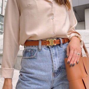 Celine Triomphe Brown Belt with Gold Buckle